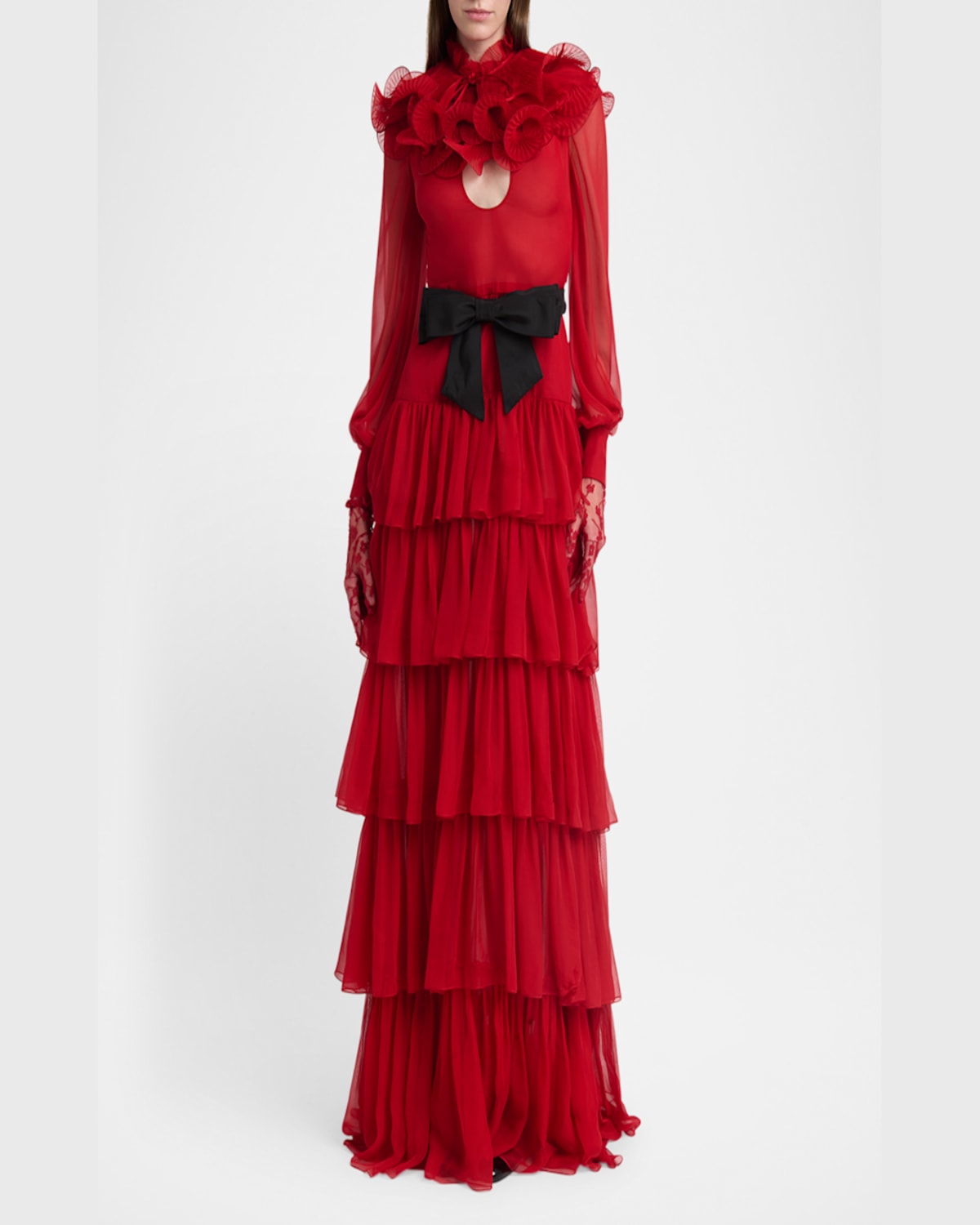 Valentino Ruffled Long Keyhole Chiffon Gown With Bow Detail In Dark Red