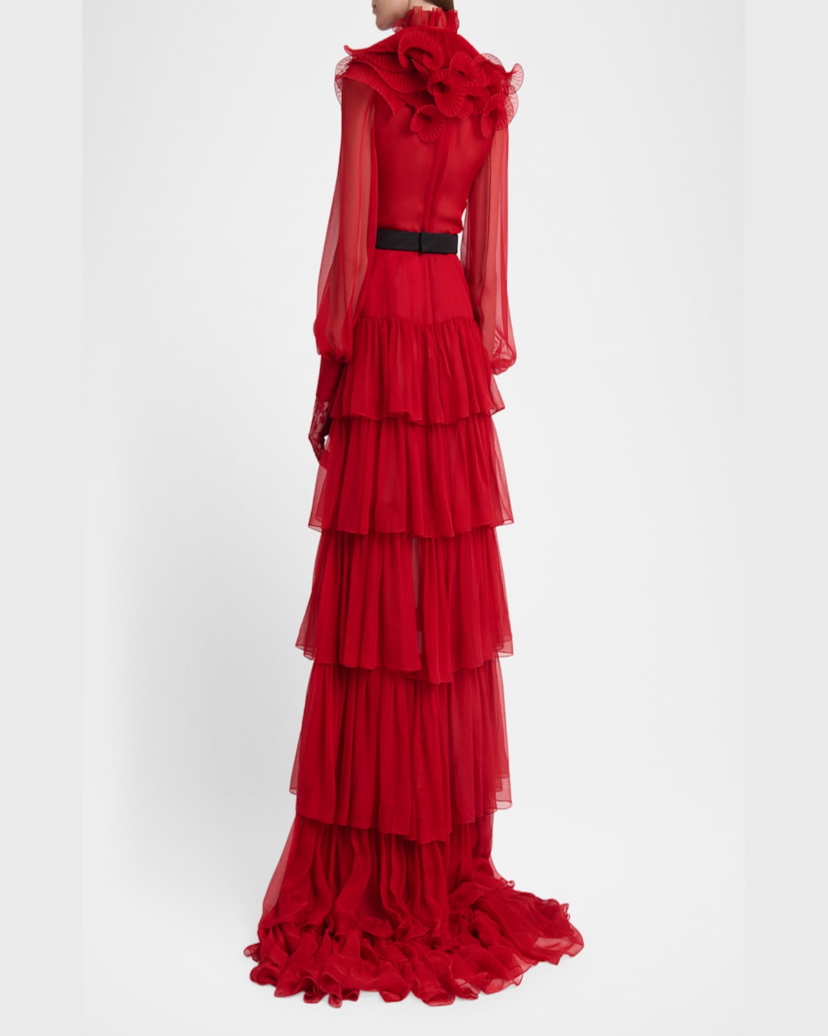 Valentino Ruffled Long Keyhole Chiffon Gown With Bow Detail In Dark Red