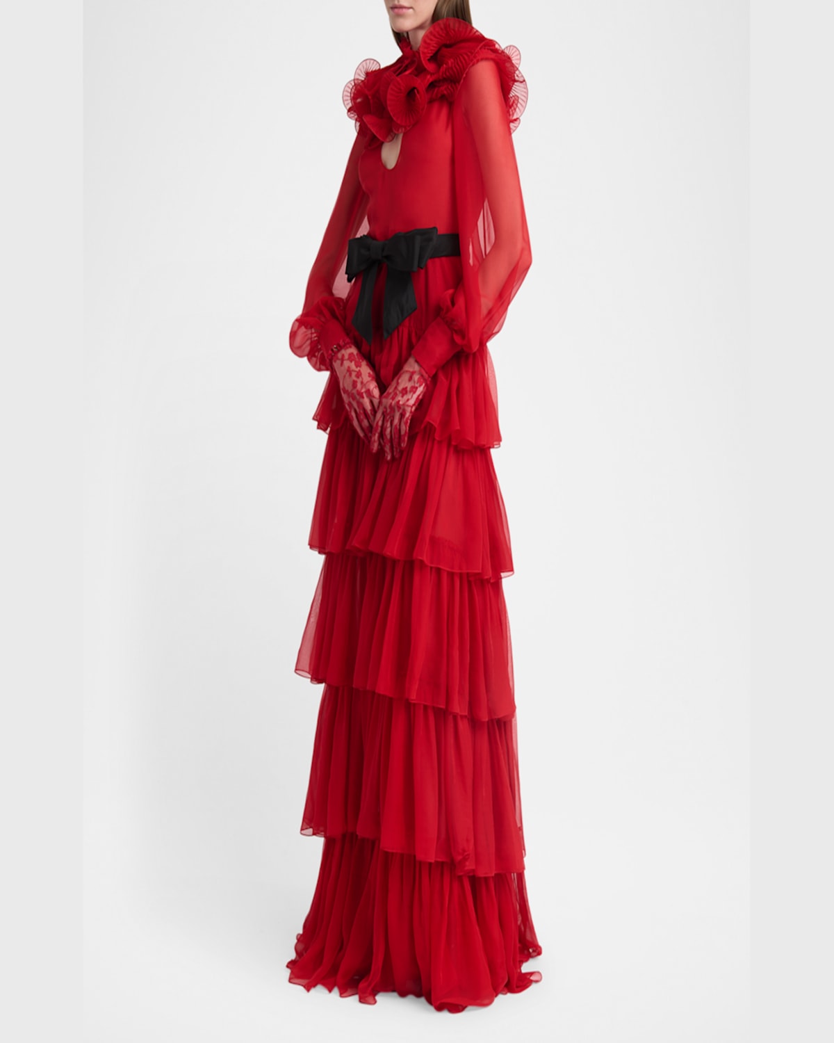 Valentino Ruffled Long Keyhole Chiffon Gown With Bow Detail In Dark Red
