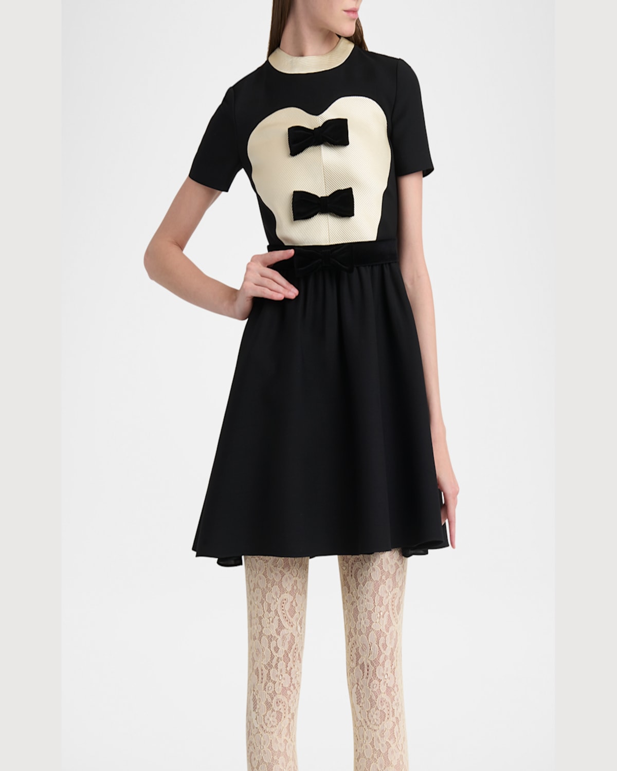 Valentino Double-bow Mini Dress In Wool In Beigeblack