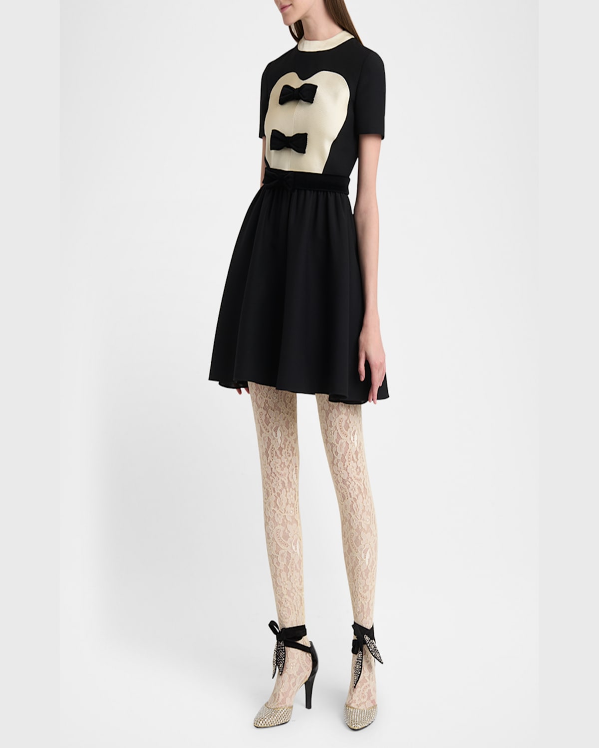 Valentino Double-bow Mini Dress In Wool In Beigeblack
