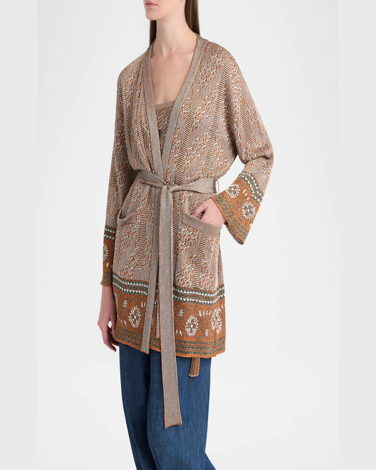 Valentino Womens Open-front Metallic Woven Cardigan Ginger Orange Gold Xl In Redorange