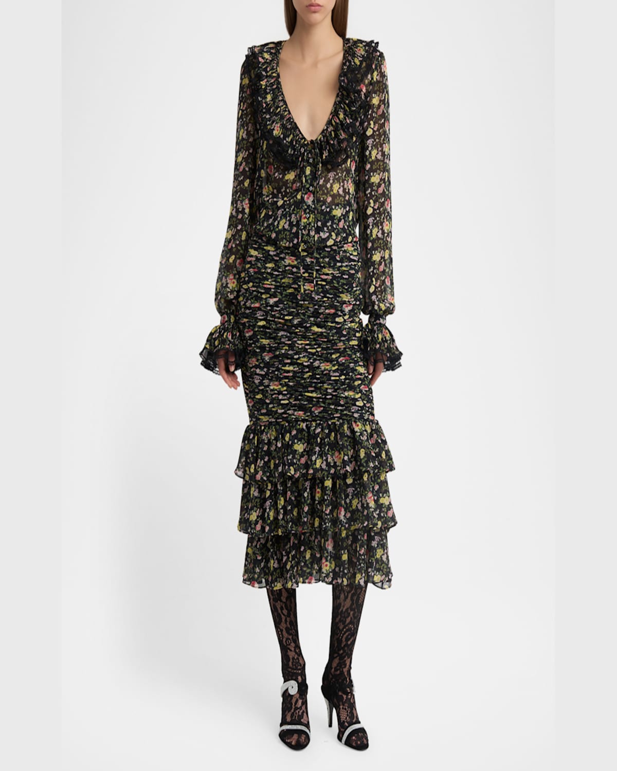 Valentino Semi Sheer Flower Print Blouse In Black Multi