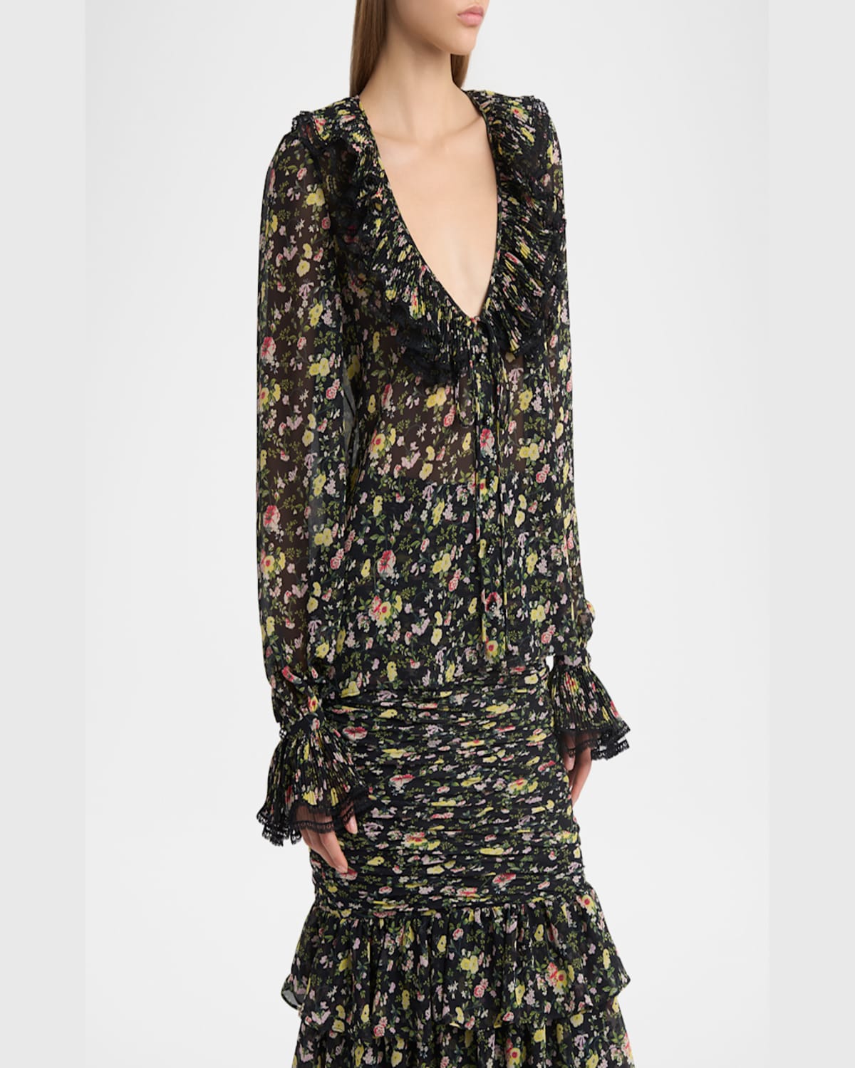 Valentino Semi Sheer Flower Print Blouse In Black Multi