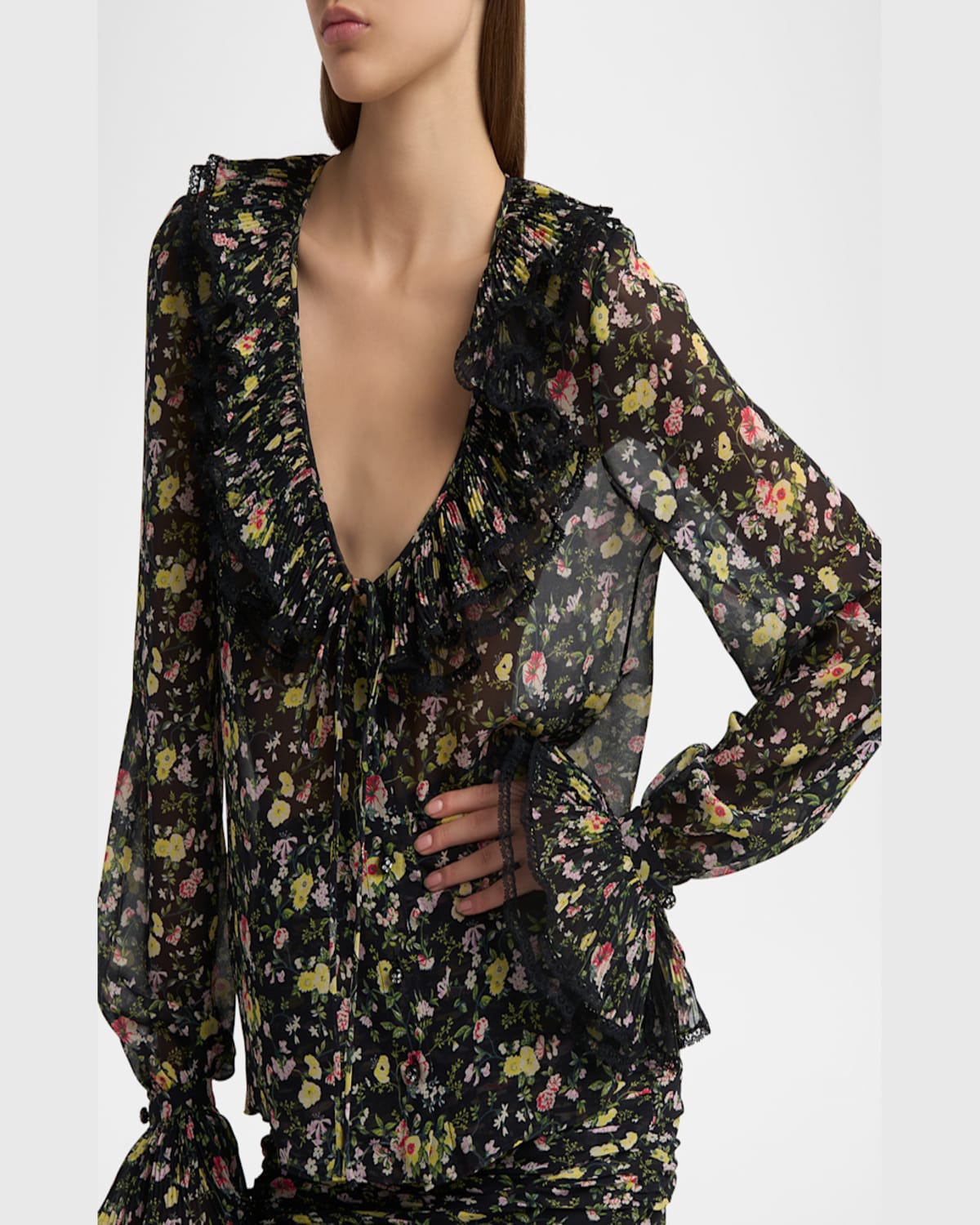 Valentino Semi Sheer Flower Print Blouse In Black Multi