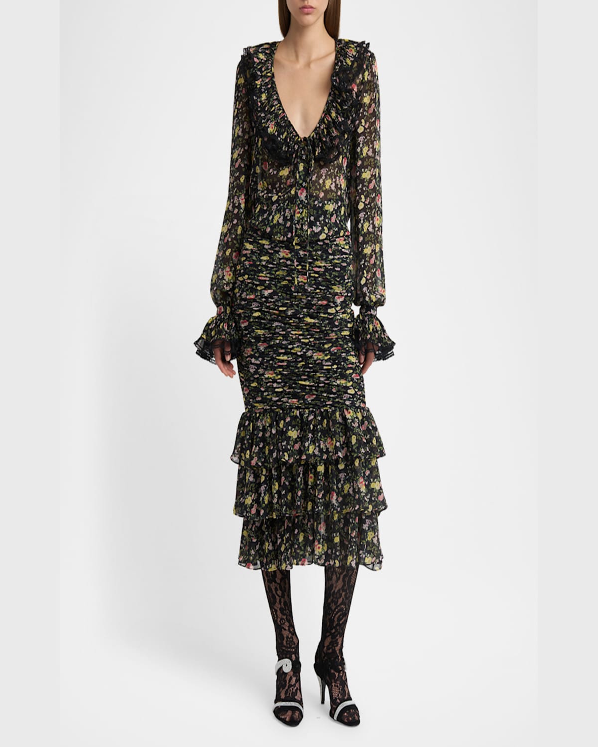 Valentino Ruched Flower Print Midi Skirt With Ruffle Hem In Black Multi