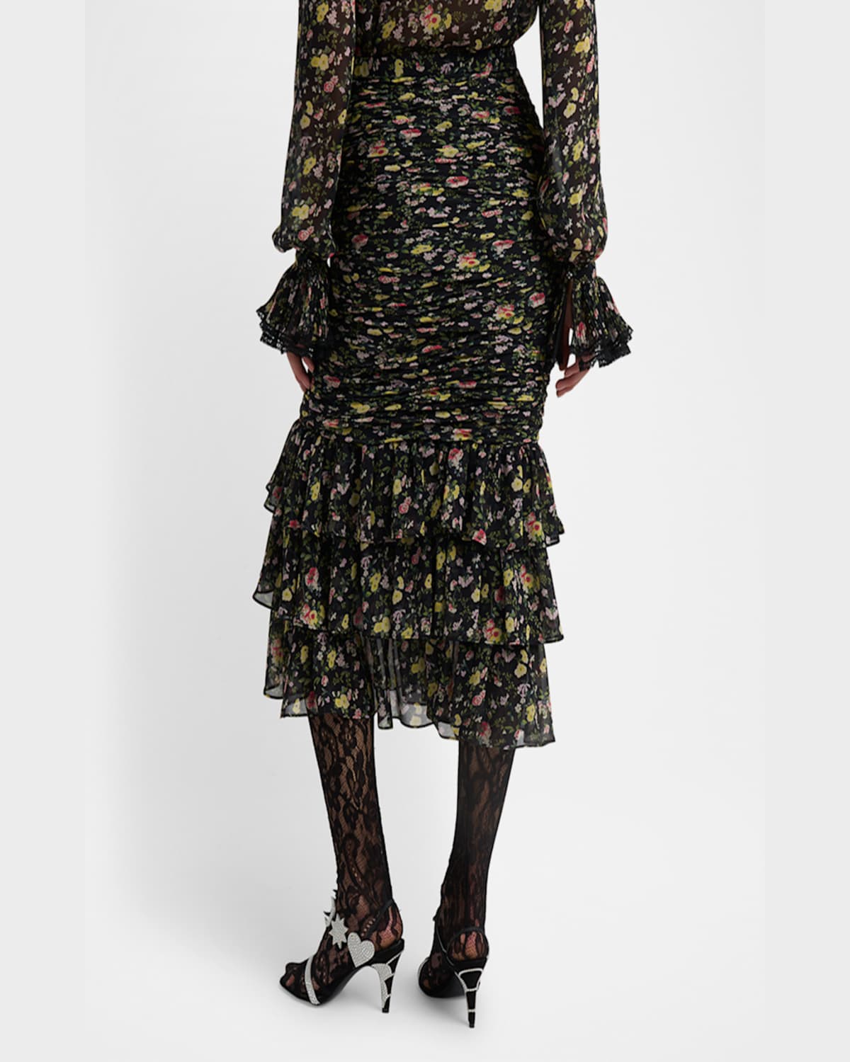 Valentino Ruched Flower Print Midi Skirt With Ruffle Hem In Black Multi