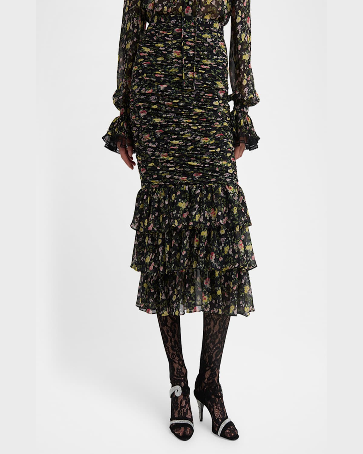 Valentino Ruched Flower Print Midi Skirt With Ruffle Hem In Black Multi