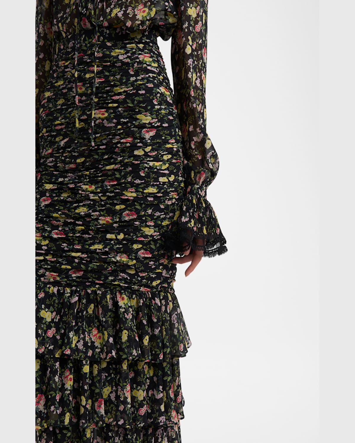 Valentino Ruched Flower Print Midi Skirt With Ruffle Hem In Black Multi