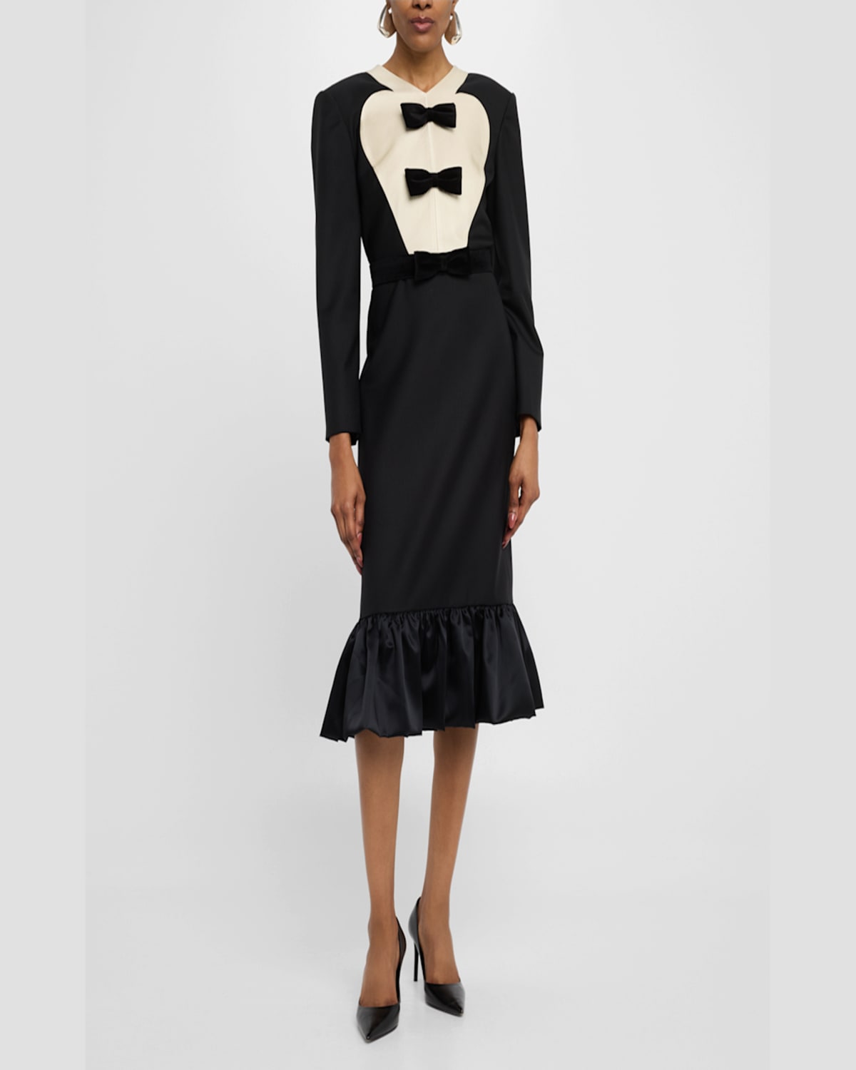 Shop Valentino Bow Tuxedo Ruffle Midi Dress In Beigeblack