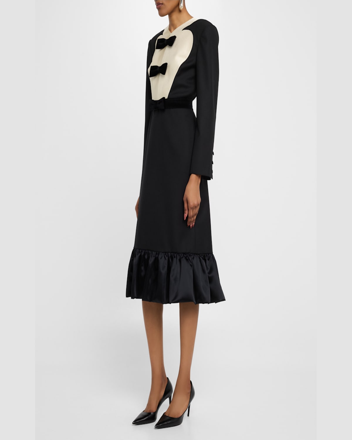 Shop Valentino Bow Tuxedo Ruffle Midi Dress In Beigeblack