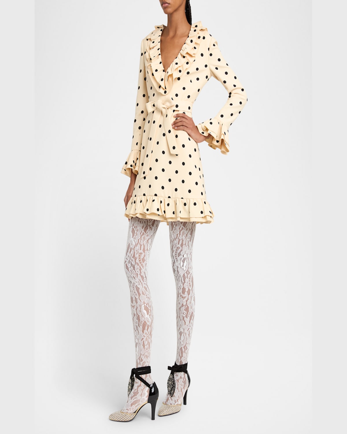 Valentino Belted Ruffled Polka-dot Wool And Silk-blend Mini Dress In Light Hazelnut