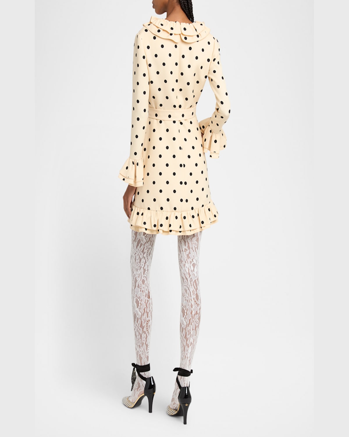 Valentino Belted Ruffled Polka-dot Wool And Silk-blend Mini Dress In Light Hazelnut