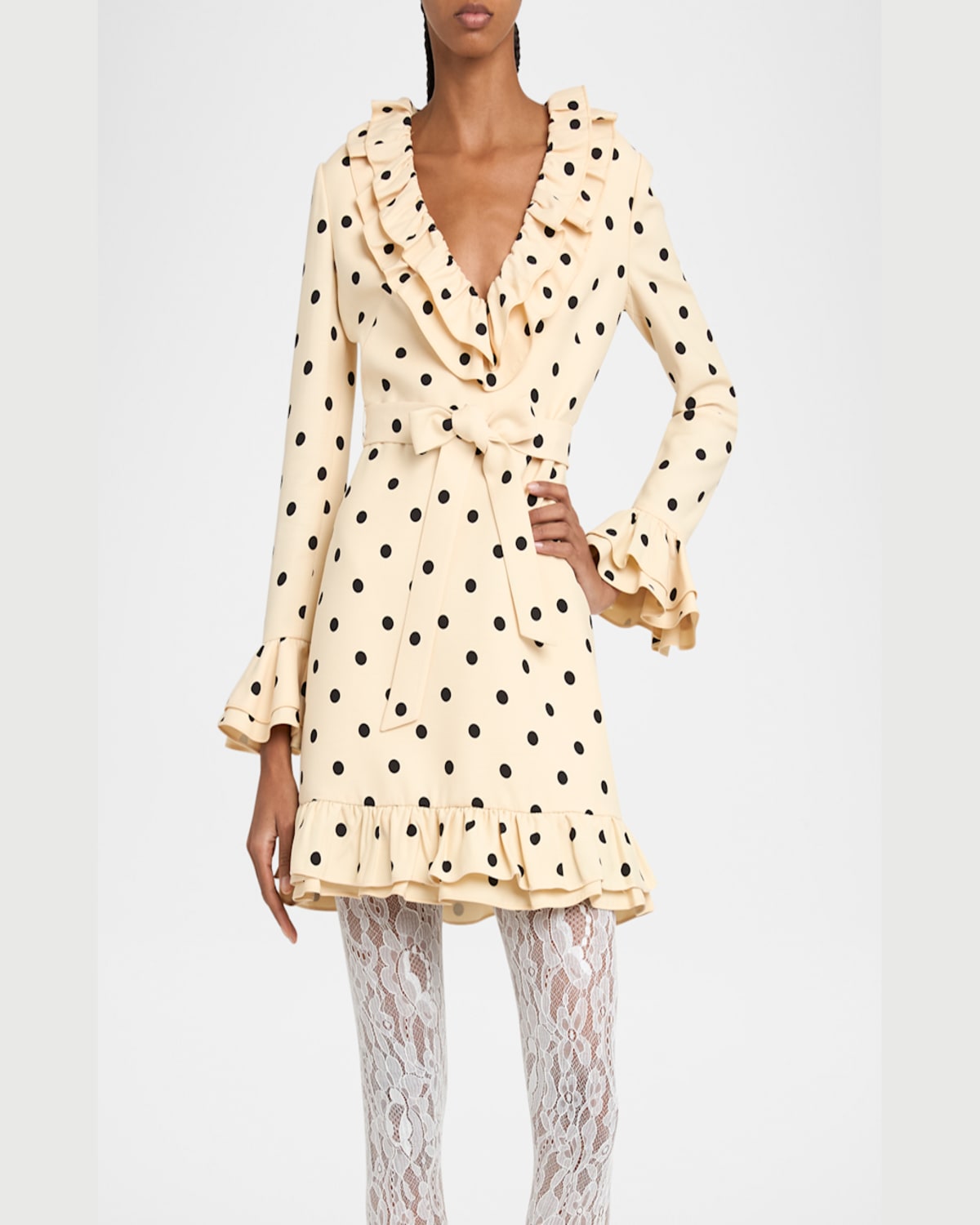 Valentino Belted Ruffled Polka-dot Wool And Silk-blend Mini Dress In Light Hazelnut
