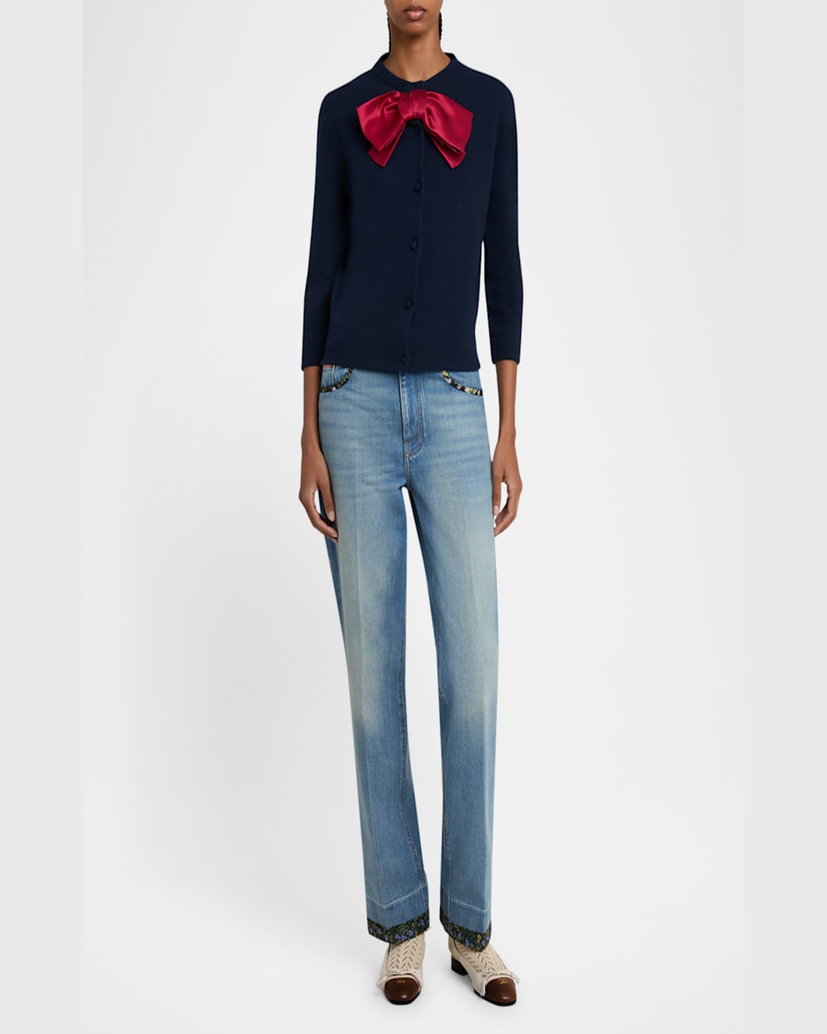 VALENTINO SATIN BOW CREWNECK CARDIGAN 