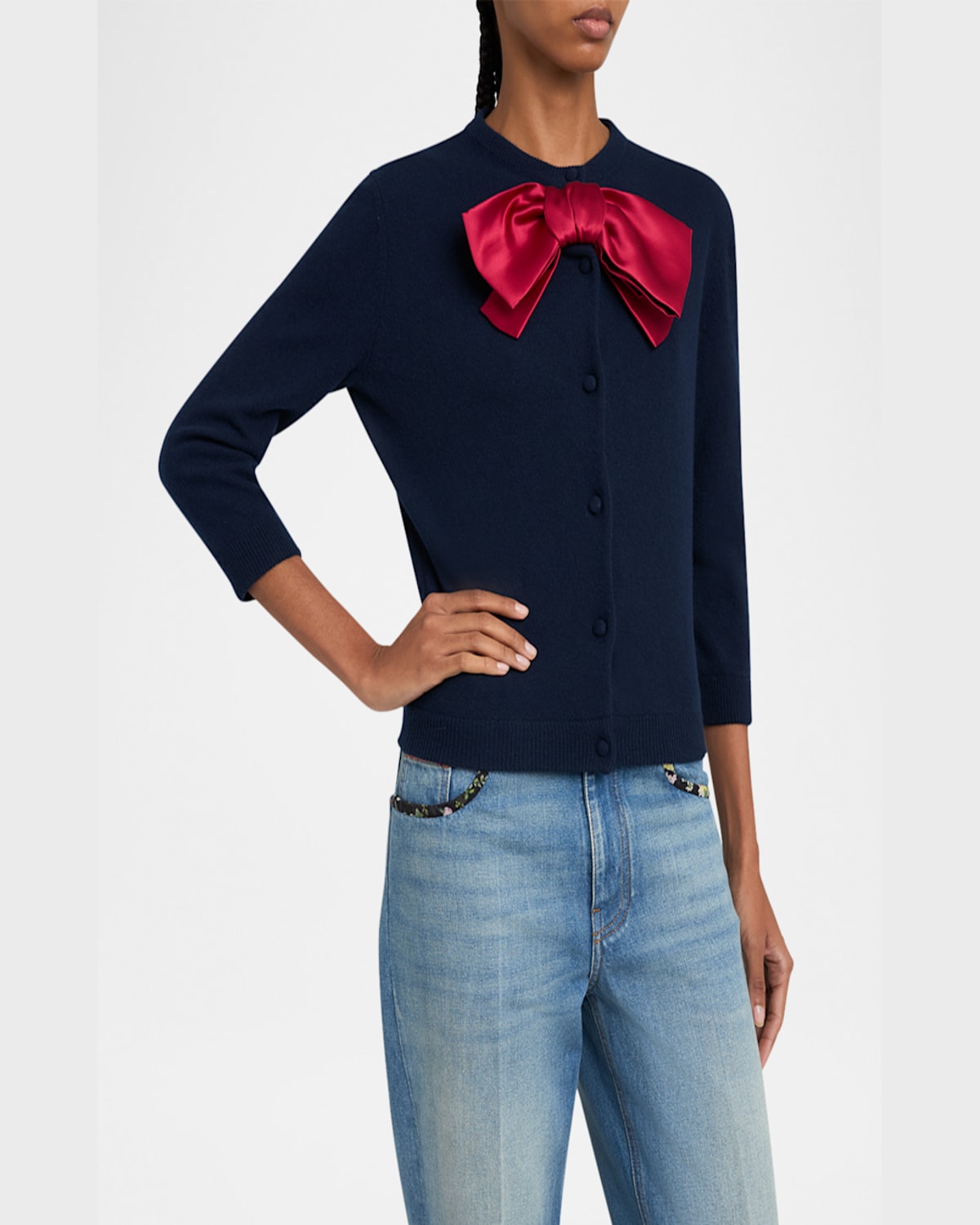 Shop Valentino Satin Bow Crewneck Cardigan In Natural/red