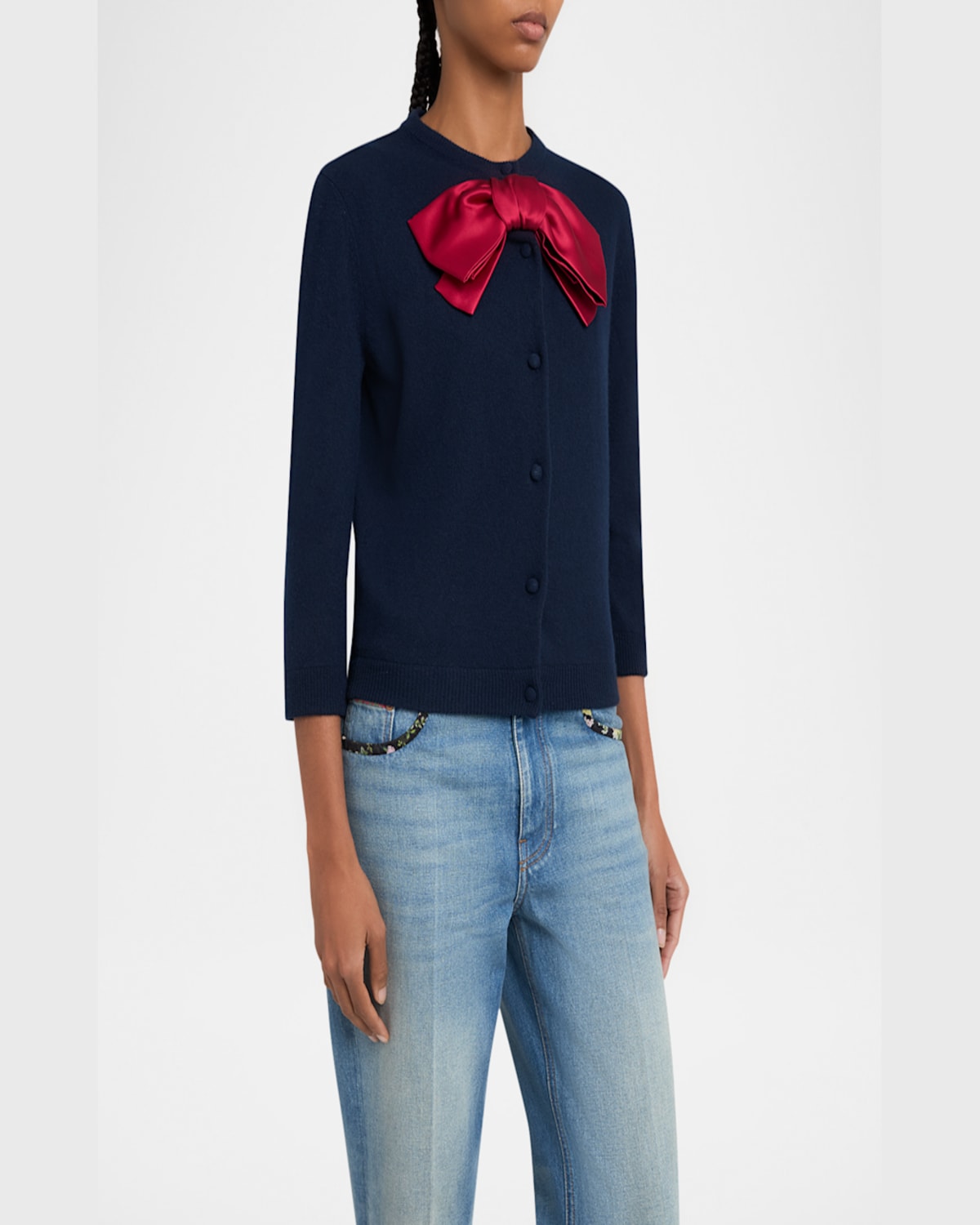 VALENTINO SATIN BOW CREWNECK CARDIGAN 