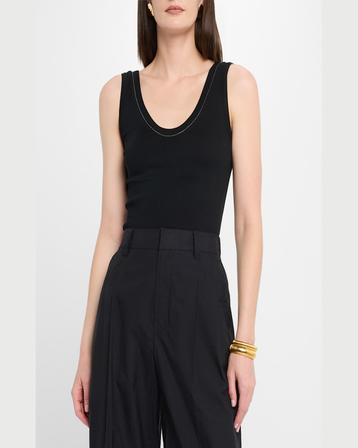 Brunello Cucinelli Black Cotton Tank Top With Monile Insert In Black