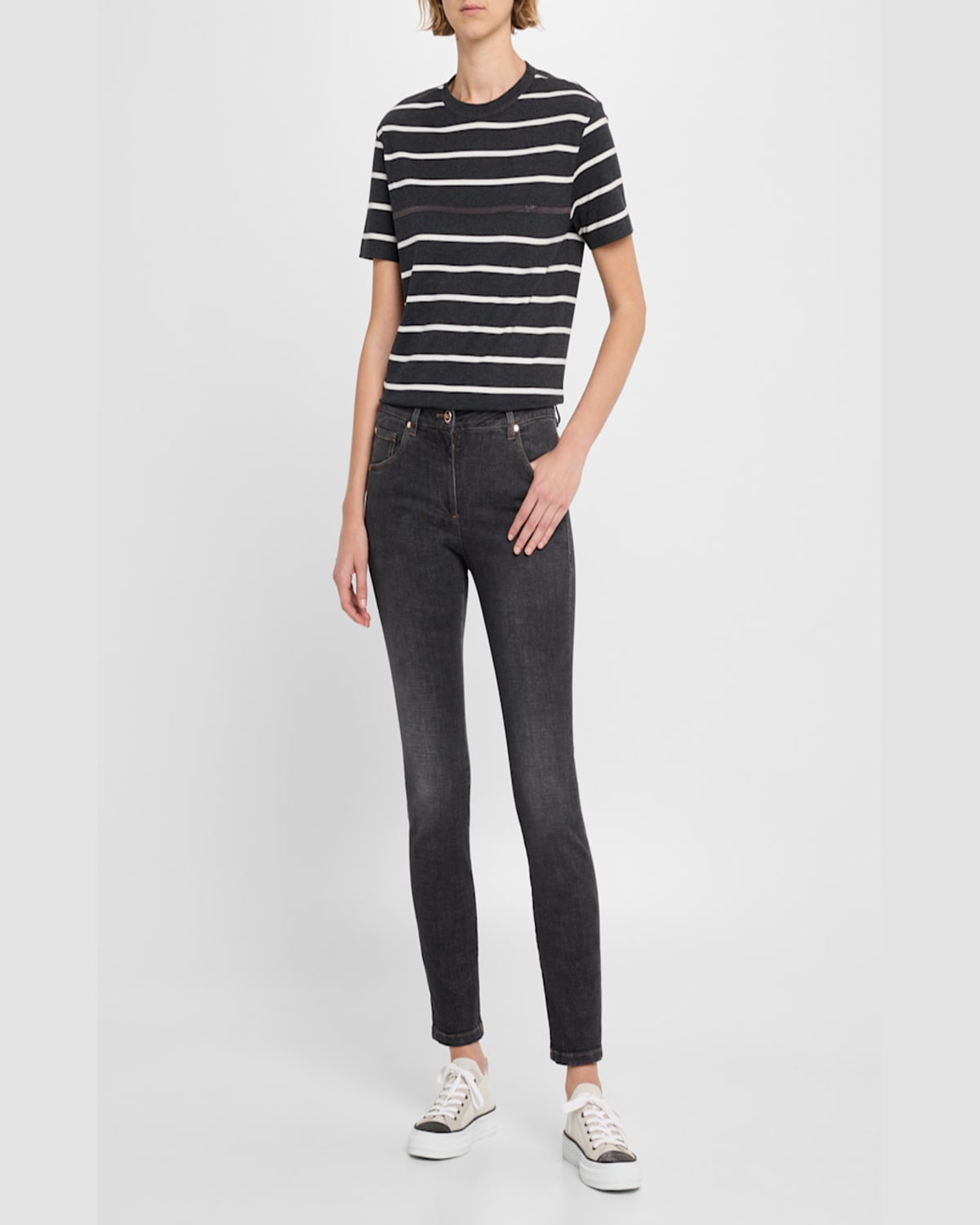 Brunello Cucinelli Mid-rise Slim-leg Ankle Denim Jeans In C8341 Dark Black Den