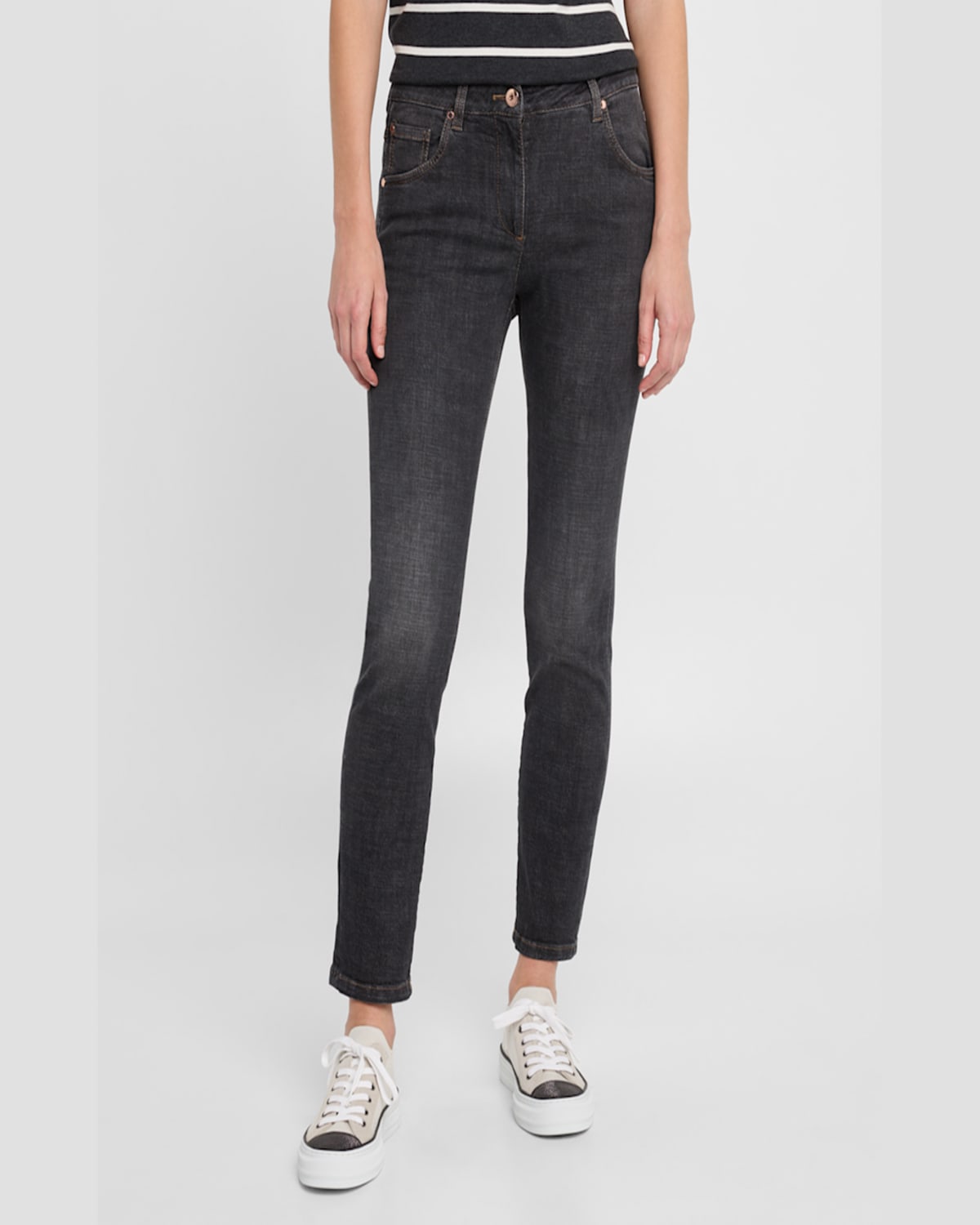 Brunello Cucinelli Mid-rise Slim-leg Ankle Denim Jeans In C8341 Dark Black Den