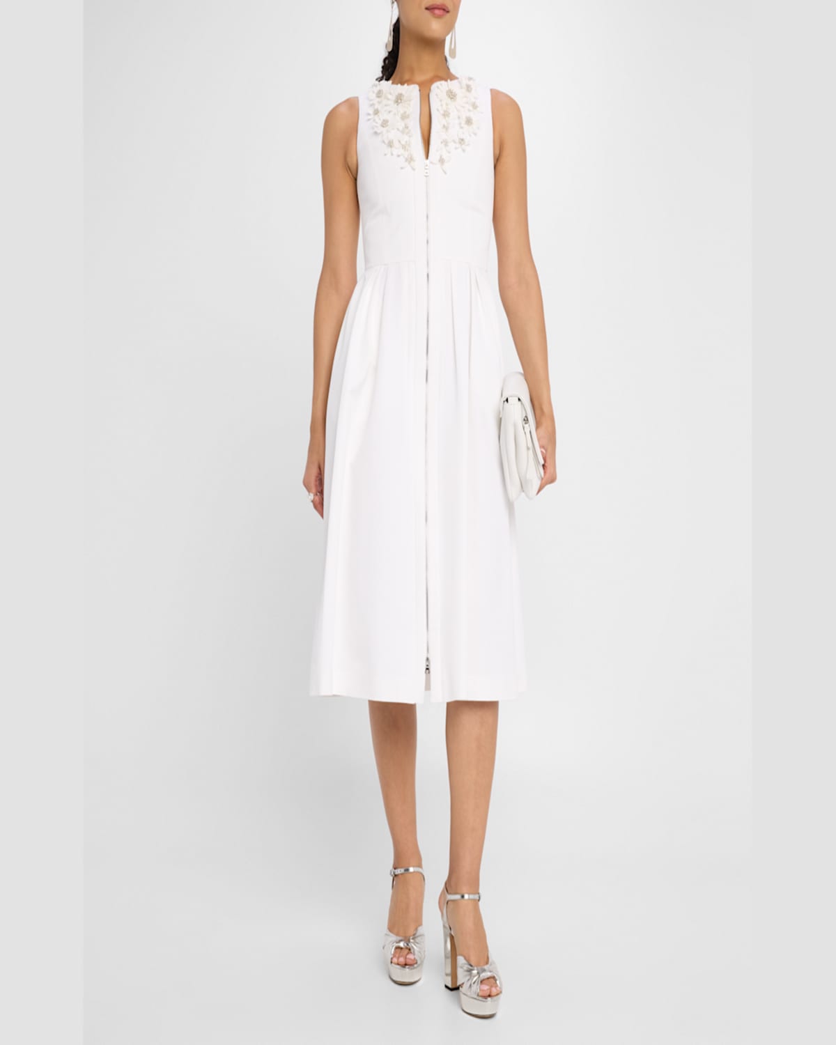 DICE KAYEK ZIP-FRONT EMBROIDERED FIT-&-FLARE MIDI DRESS 
