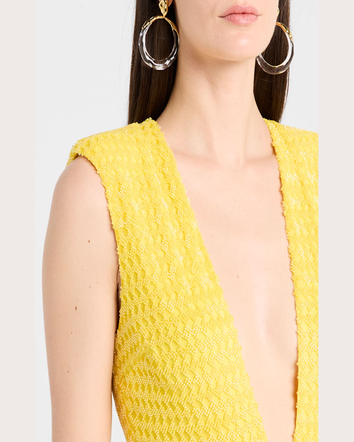 Ramy Brook Lacey Beaded Deep V-neck Mini Dress In Lemon Drop Bead
