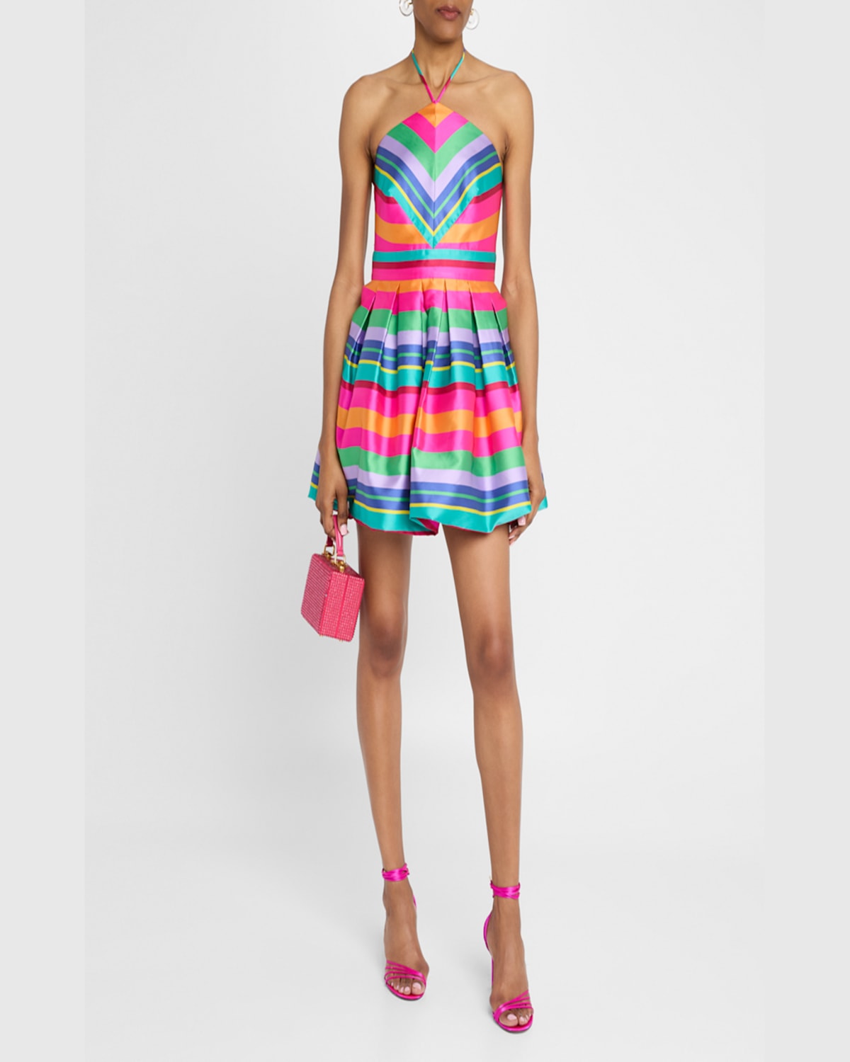 Shop Ramy Brook Joey Striped Halter Bubble Mini Dress In Tropic Green Stripe