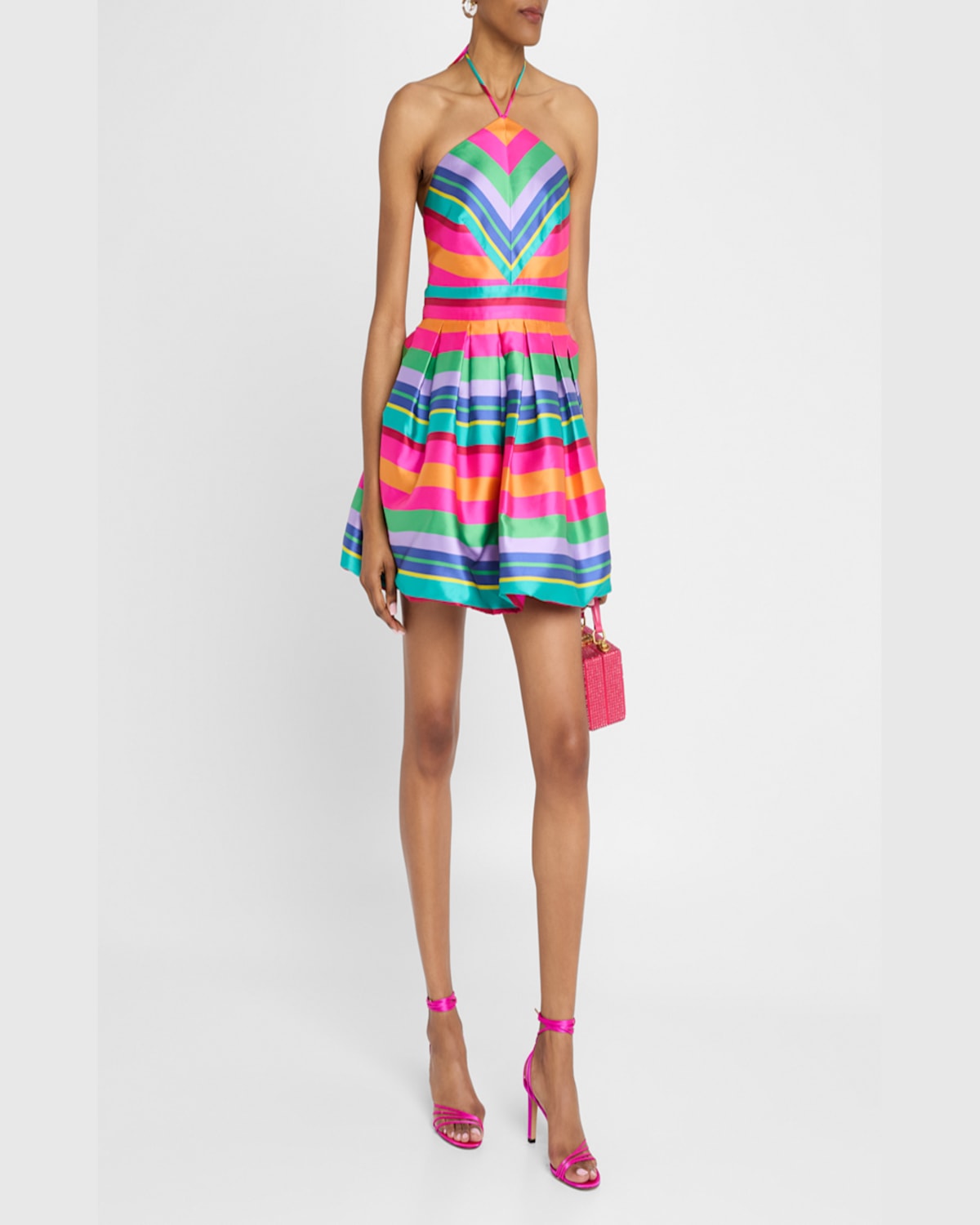 RAMY BROOK JOEY STRIPED HALTER BUBBLE MINI DRESS 