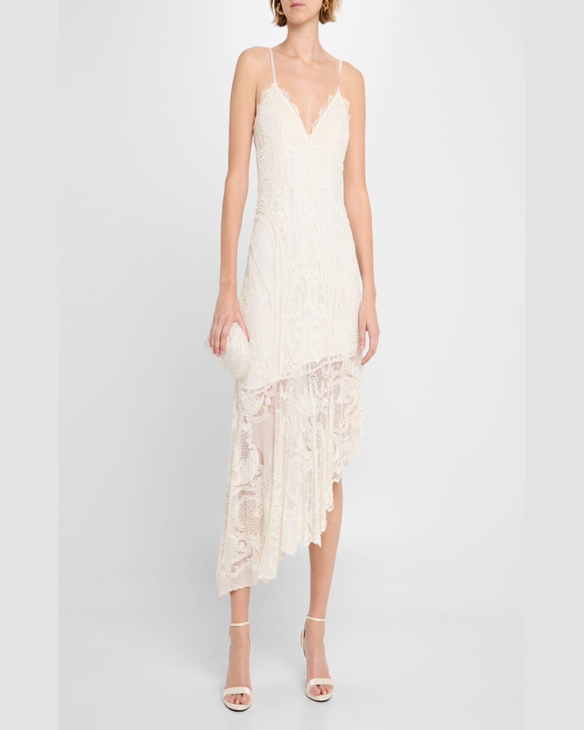 Liv Foster Elara High-low Beaded Lace Midi Dress In Ivory