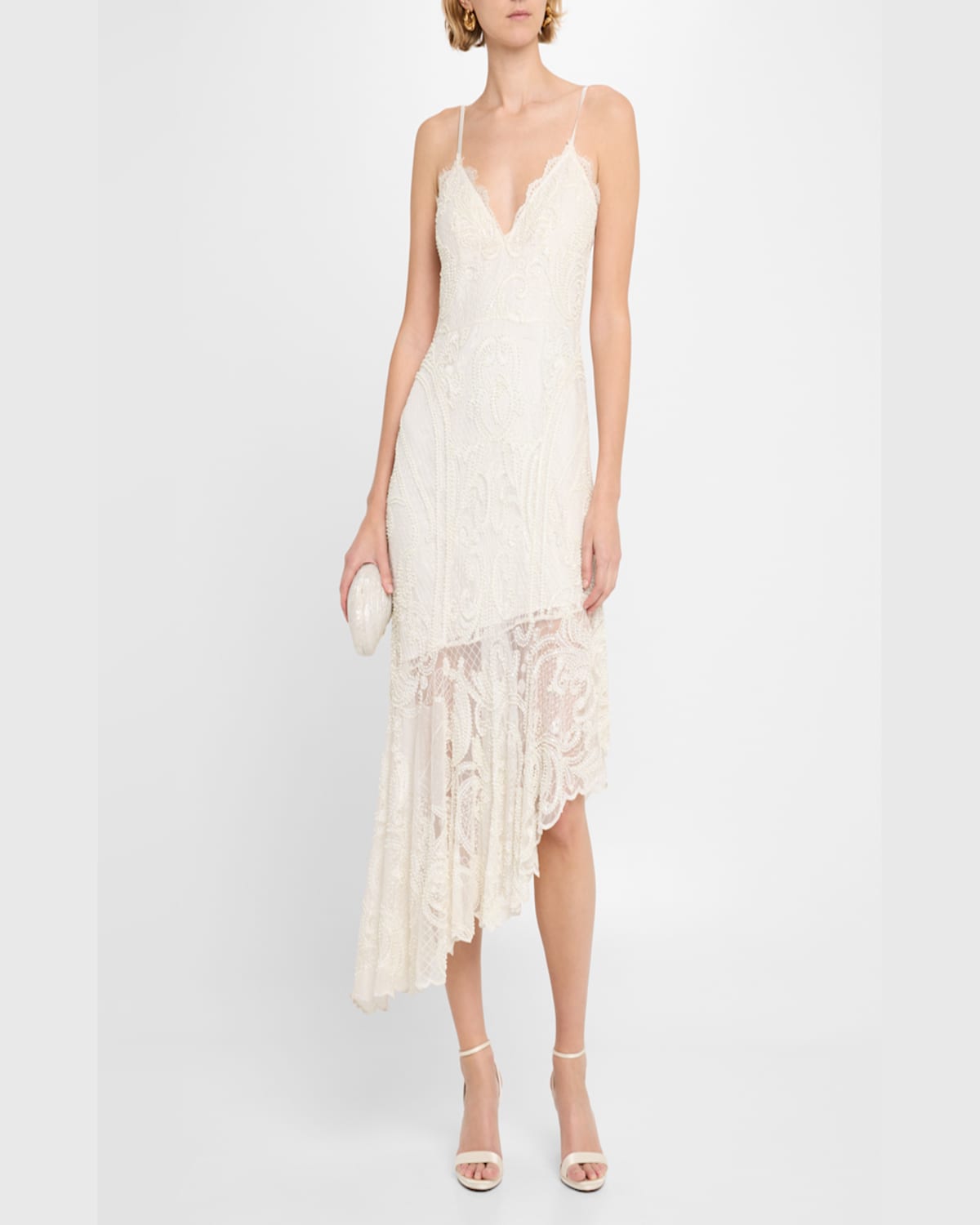 Liv Foster Elara High-low Beaded Lace Midi Dress In Ivory
