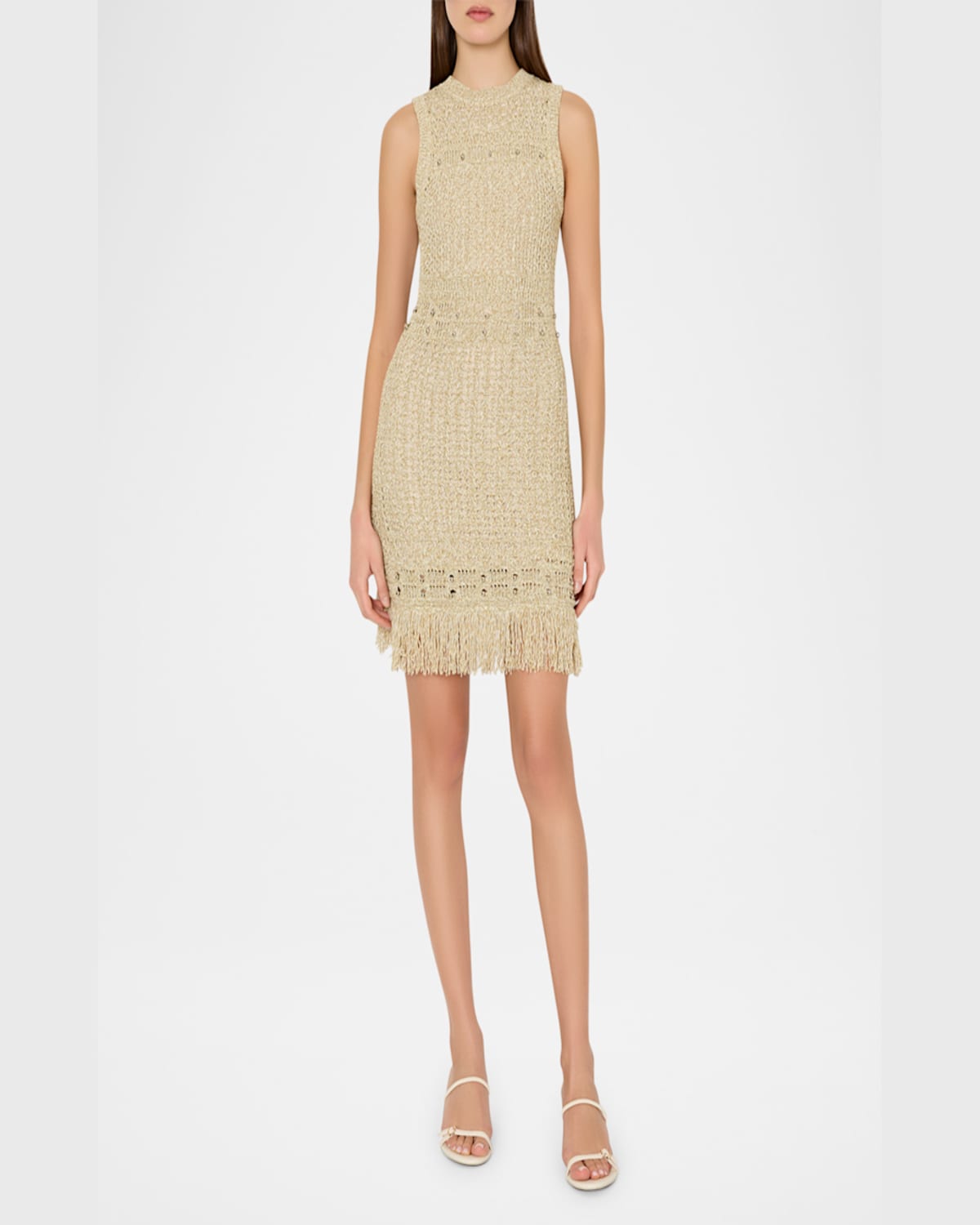 Milly Beaded Fringe-hem Knit Mini Dress In Beige Mult