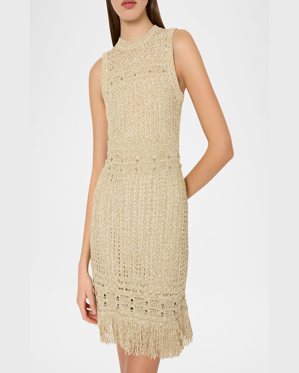 Milly Beaded Fringe-hem Knit Mini Dress In Beige Mult