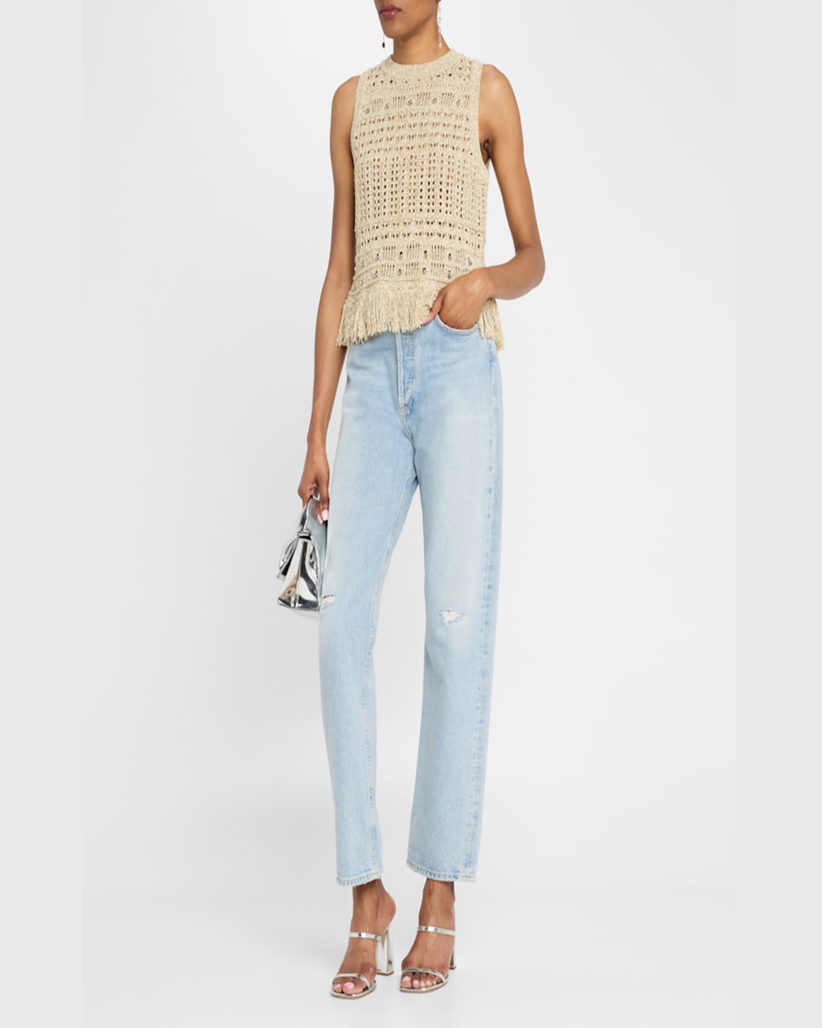 Milly Beaded Fringe Knit Sleeveless Top In Beige Mult