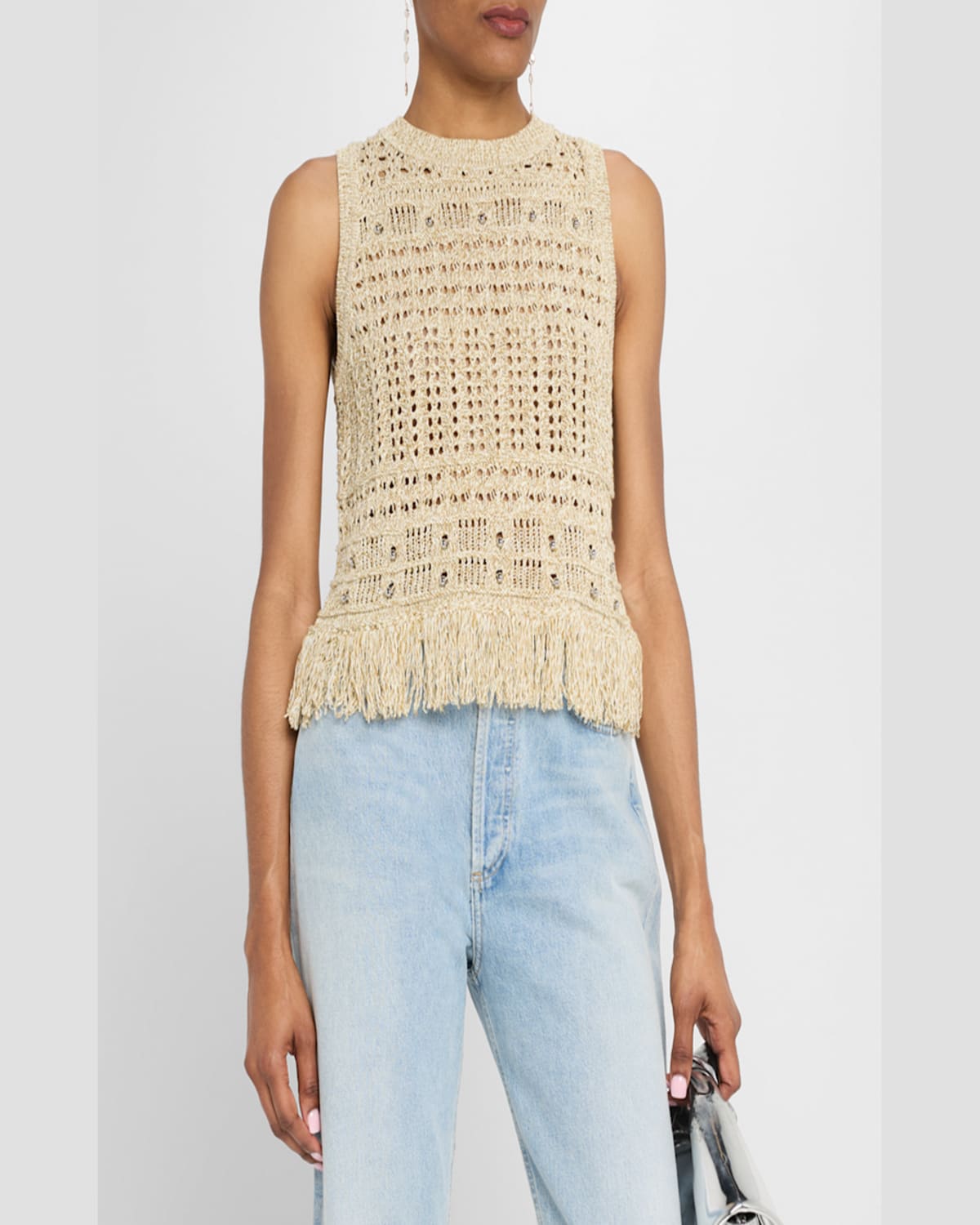 Milly Beaded Fringe Knit Sleeveless Top In Beige Mult
