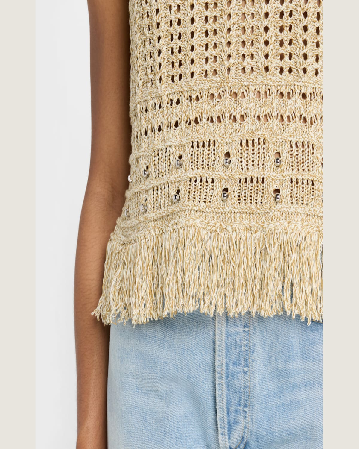 Milly Beaded Fringe Knit Sleeveless Top In Beige Mult