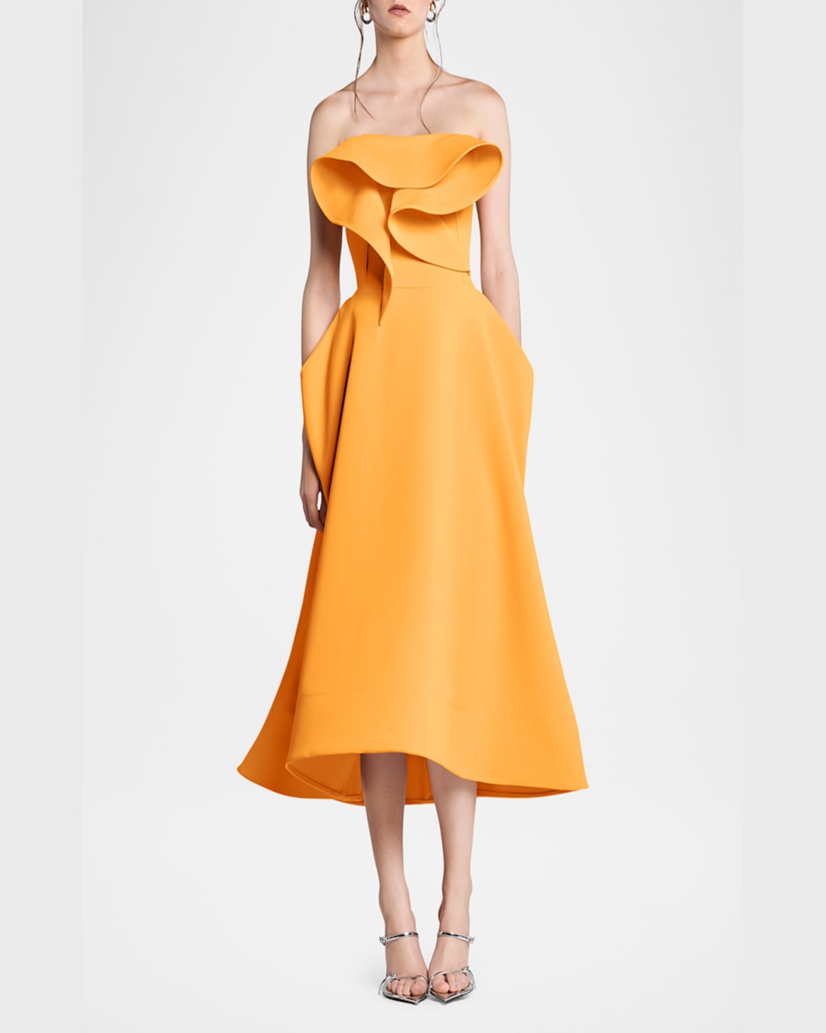 Maticevski Rotation Strapless Ruffle Sculpted Midi Dress In Melon