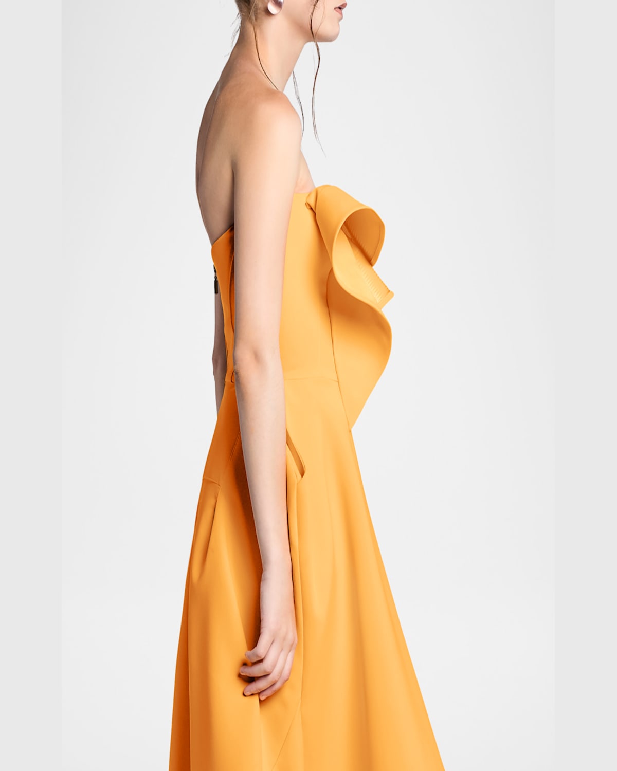 Maticevski Rotation Strapless Ruffle Sculpted Midi Dress In Melon