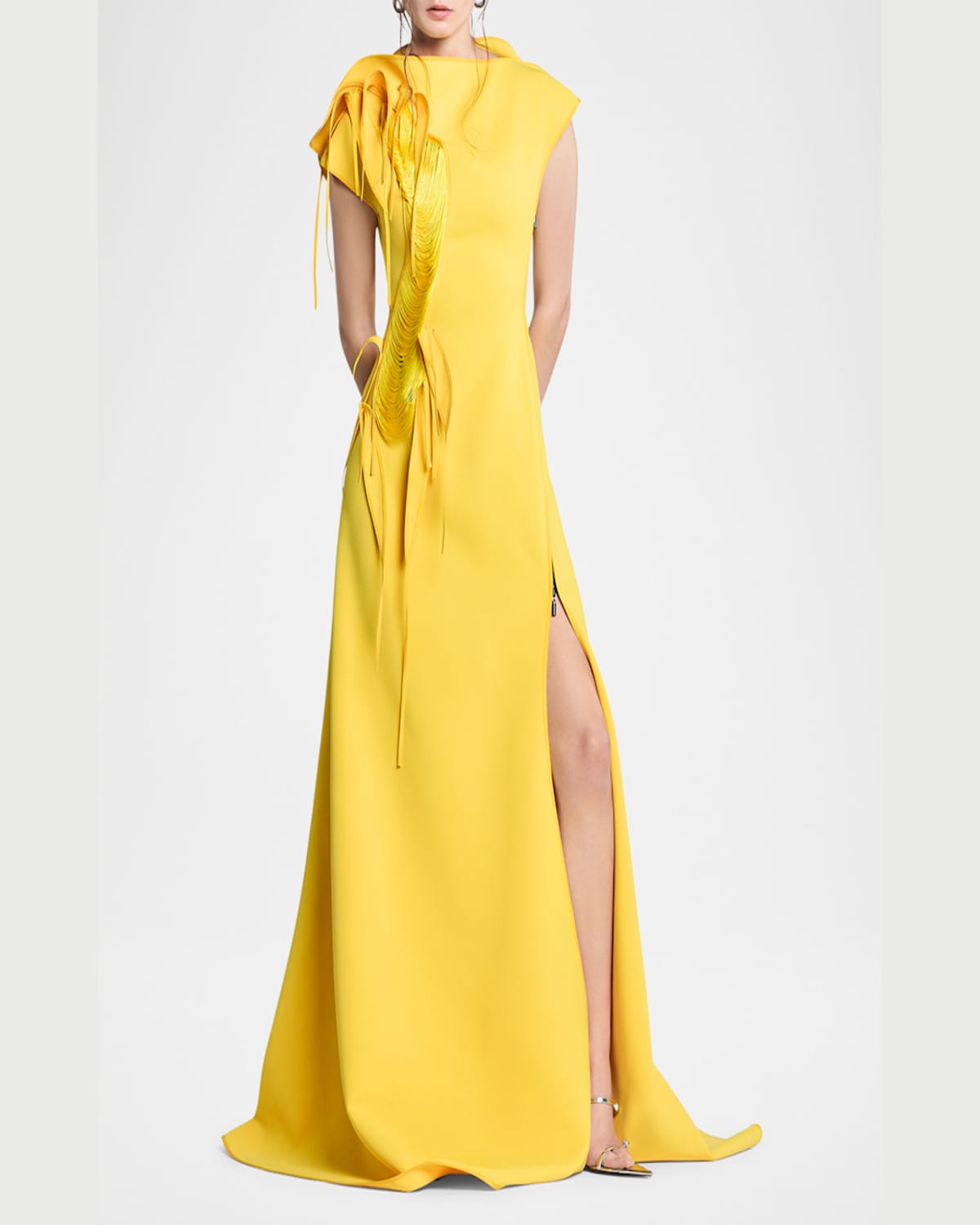 Maticevski Alena Fringe Applique Slit Gown In Sunshine