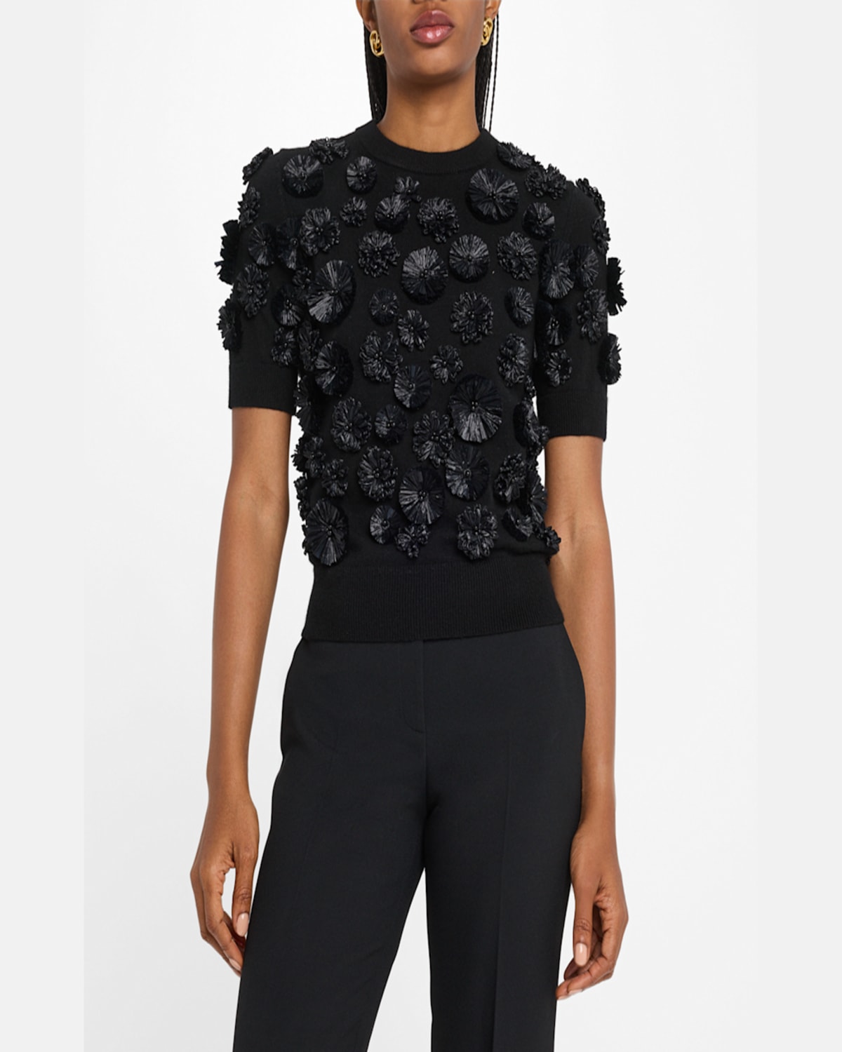 Shop Michael Kors Floral Embroidered Short-sleeve Cashmere Sweater In Peanut