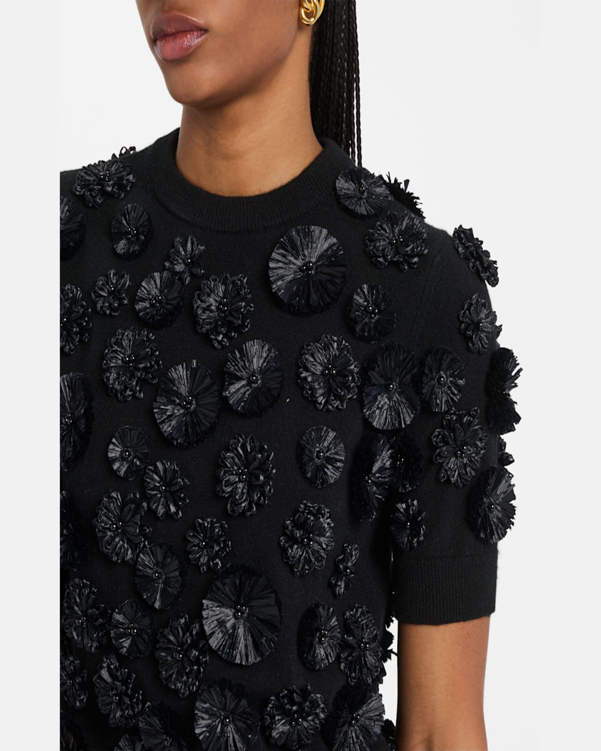Shop Michael Kors Floral Embroidered Short-sleeve Cashmere Sweater In Peanut