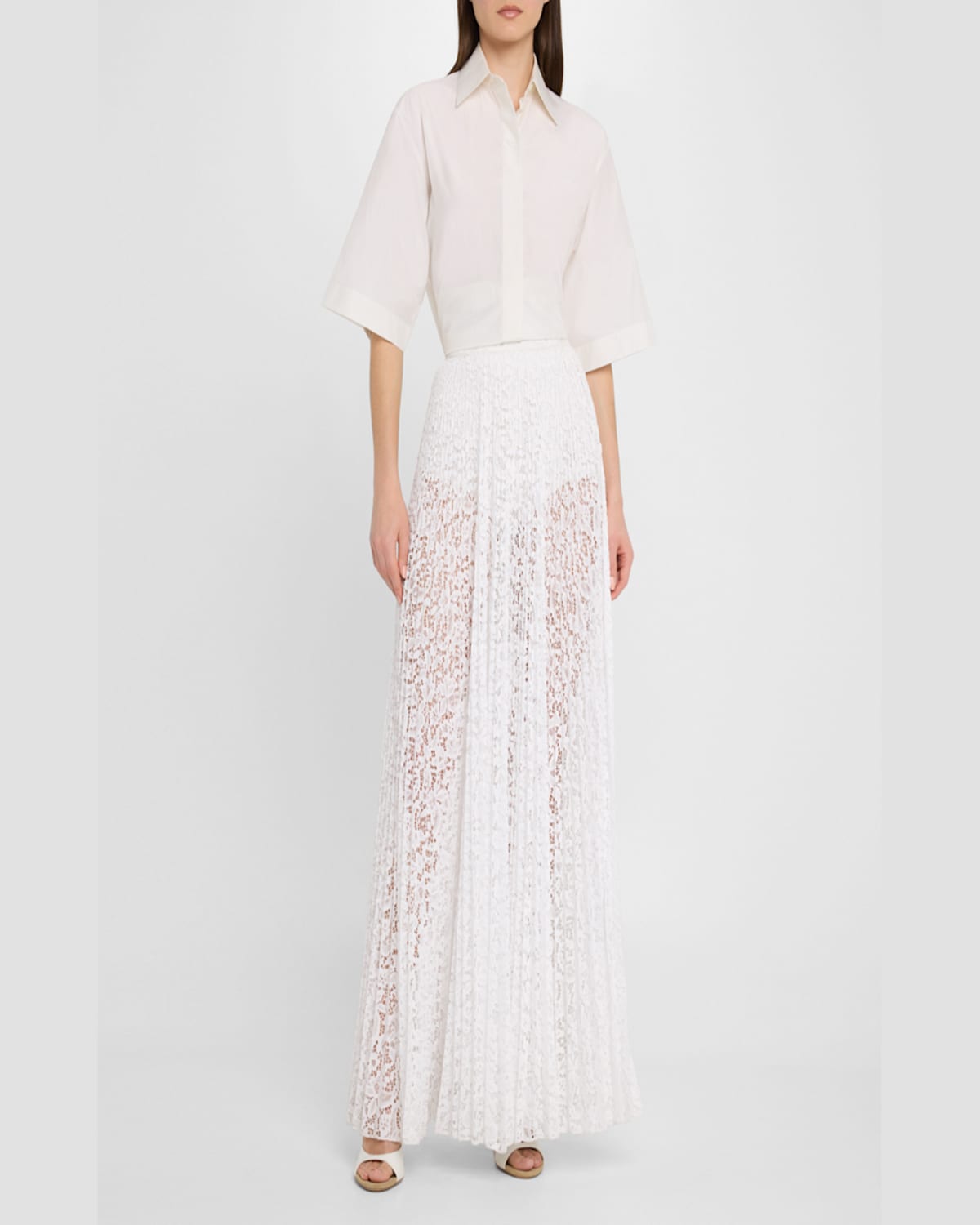 Michael Kors Pleated Sheer Floral Lace Maxi Skirt In Optic Whit