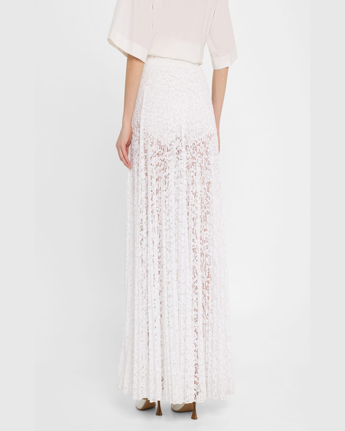 Michael Kors Pleated Sheer Floral Lace Maxi Skirt In Optic Whit