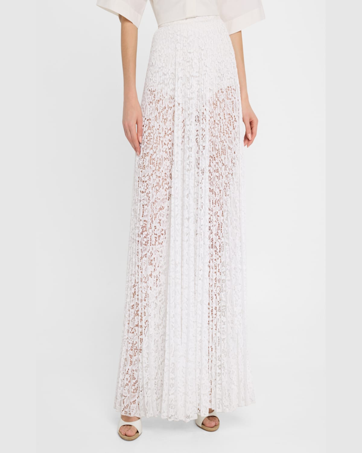 Michael Kors Pleated Sheer Floral Lace Maxi Skirt In Optic Whit