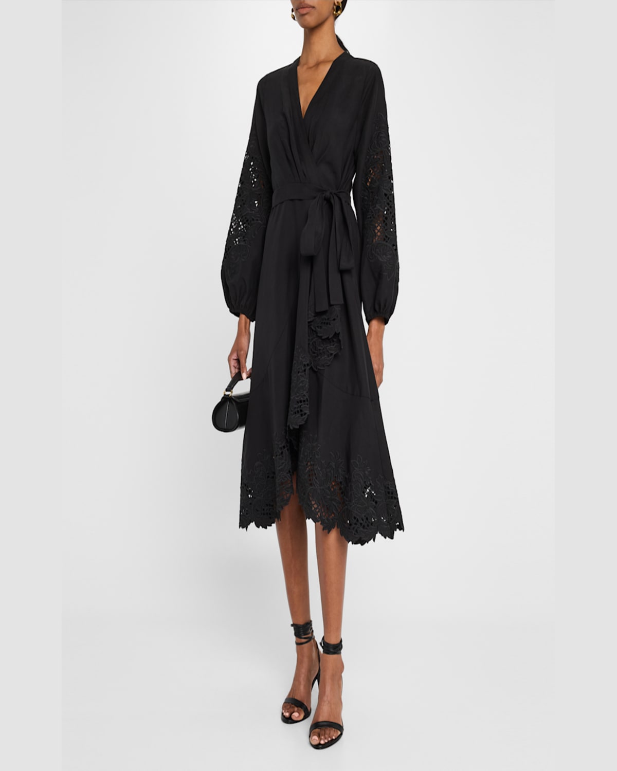 Kobi Halperin Sigal Embroidered Lace-inset Midi Wrap Dress In Black