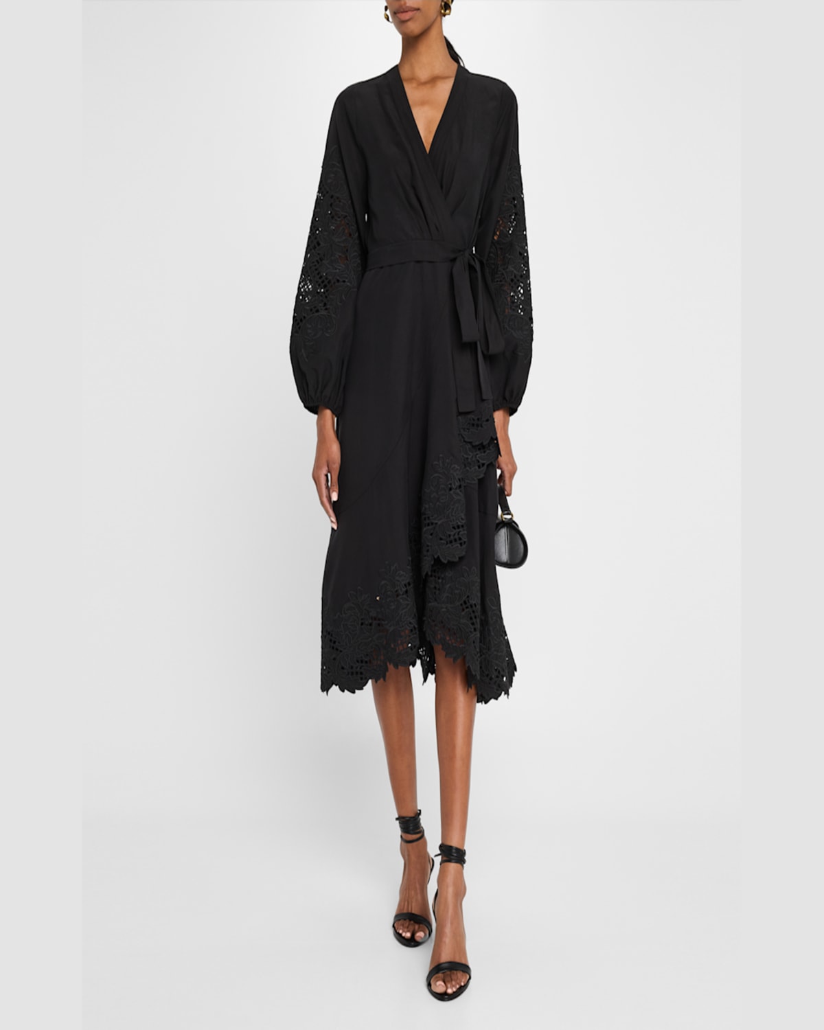 Kobi Halperin Sigal Embroidered Lace-inset Midi Wrap Dress In Black