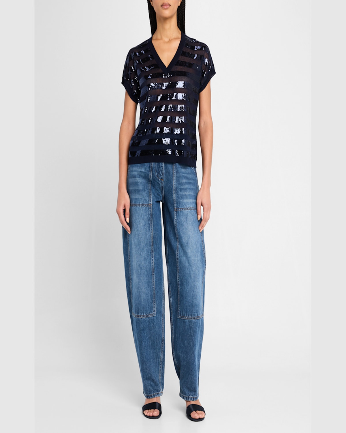 Kobi Halperin Elara Sequin Striped V-neck Sweater In Navy