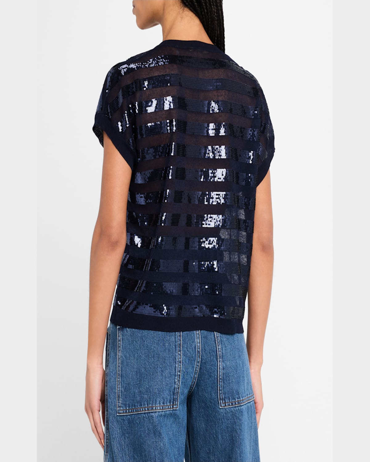 Kobi Halperin Elara Sequin Striped V-neck Sweater In Navy