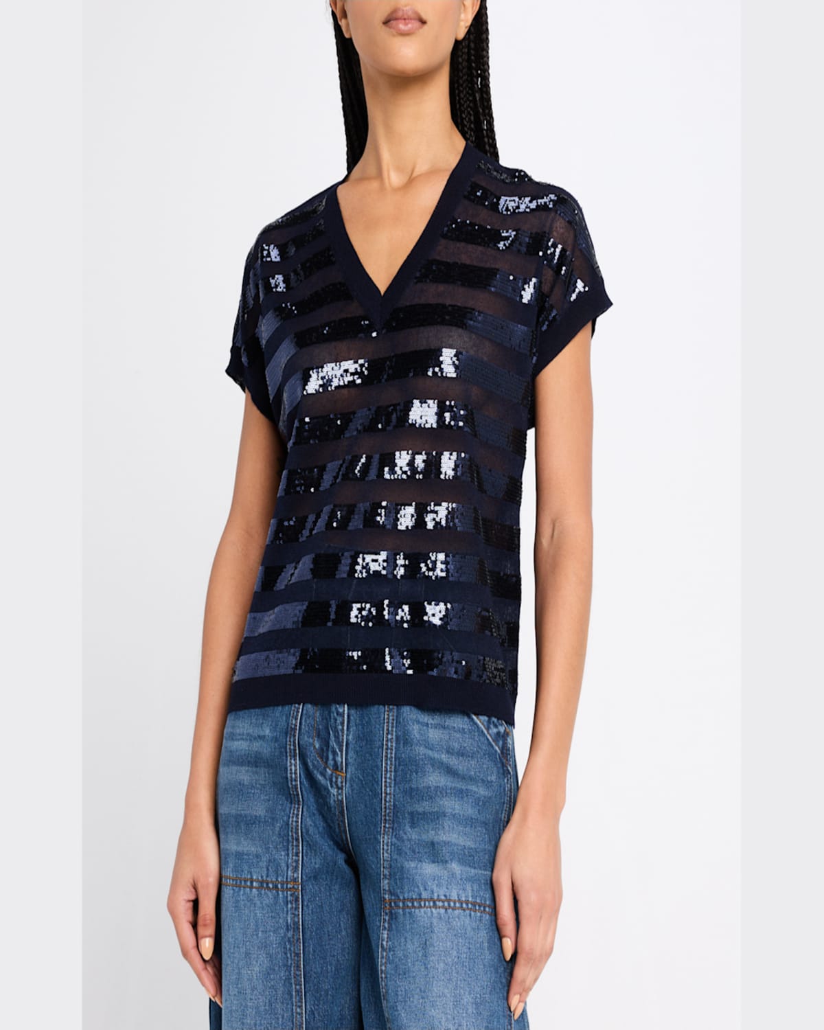 Kobi Halperin Elara Sequin Striped V-neck Sweater In Navy