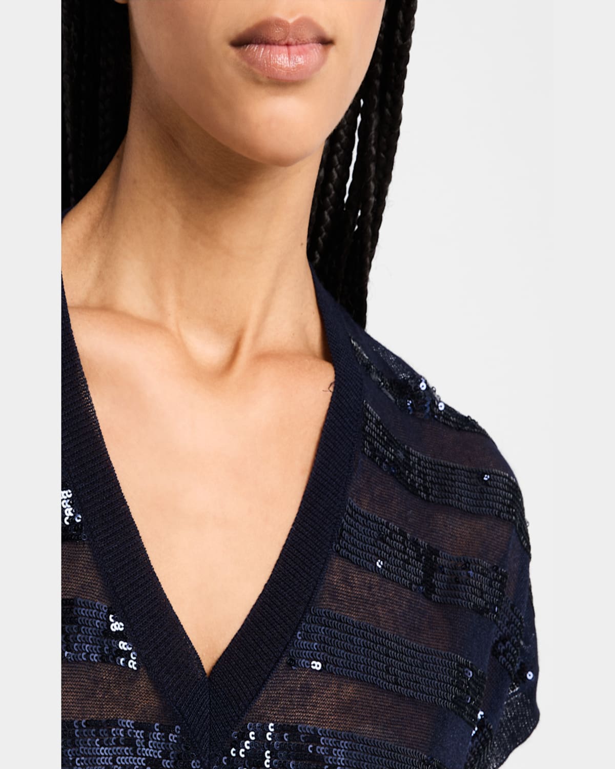Kobi Halperin Elara Sequin Striped V-neck Sweater In Navy