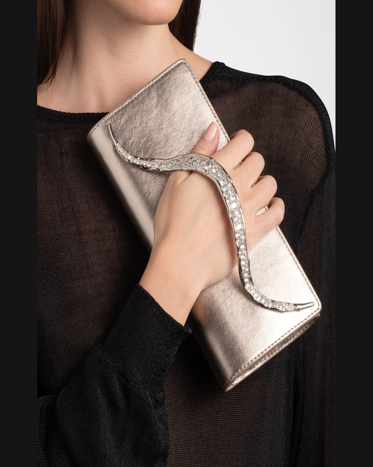 ALEXIS BITTAR CRYSTAL CURVE METALLIC LEATHER CLUTCH BAG 